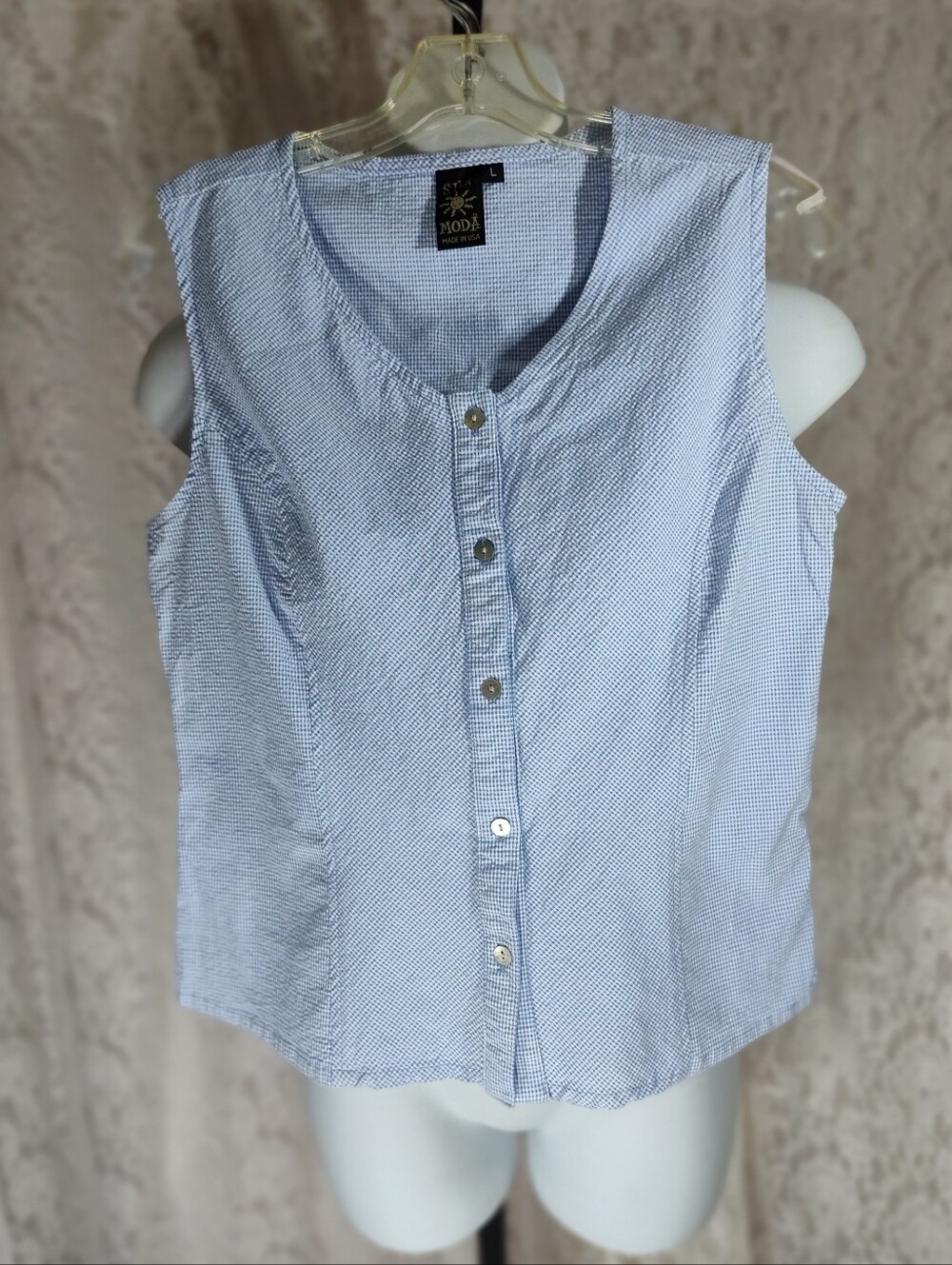 Sun Moda Light Blue Check Sleeveless Button-Down Vest Top
